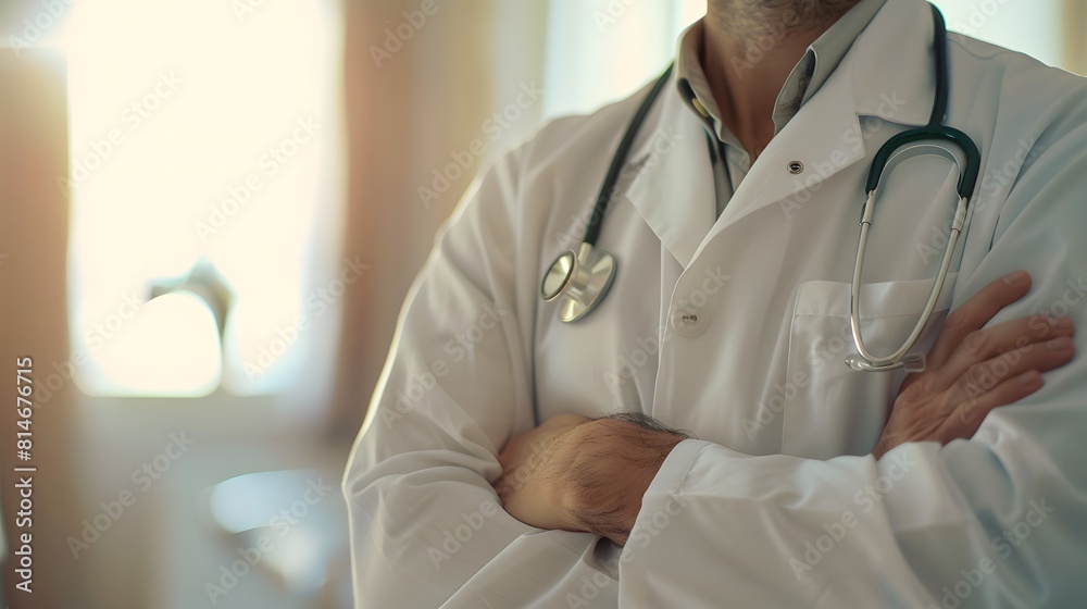 Close up of doctor wearing a white coat with a stethoscope and hands crossed on their chest against a hospital background Close up of doctor wearing a white coat with a stethoscope and hands crossed on their chest against a hospital background