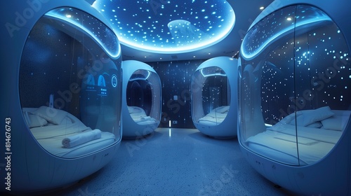 Zero-gravity relaxation pods, cocooning occupants in weightless serenity amid cosmic ambiance. photo