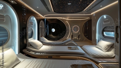 Zero-gravity relaxation pods, cocooning occupants in weightless serenity amid cosmic ambiance.