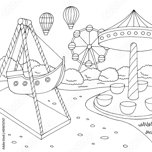 Amusement park landscape graphic black white sketch illustration vector 