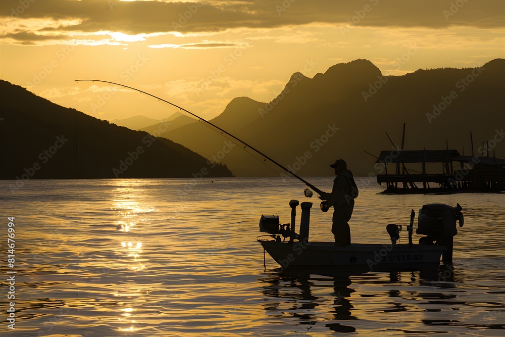 Tranquil sunset fishing on calm waters, golden hues reflect off surface, serene scenery.