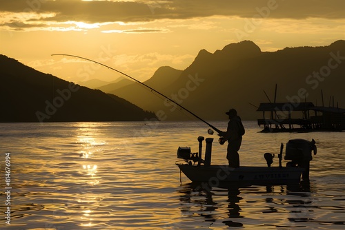 Tranquil sunset fishing on calm waters  golden hues reflect off surface  serene scenery.