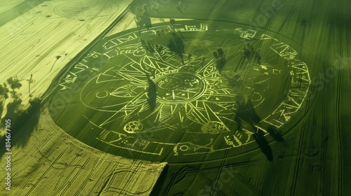 A green crop circle with geometric patterns and a close-up of wheat ears.