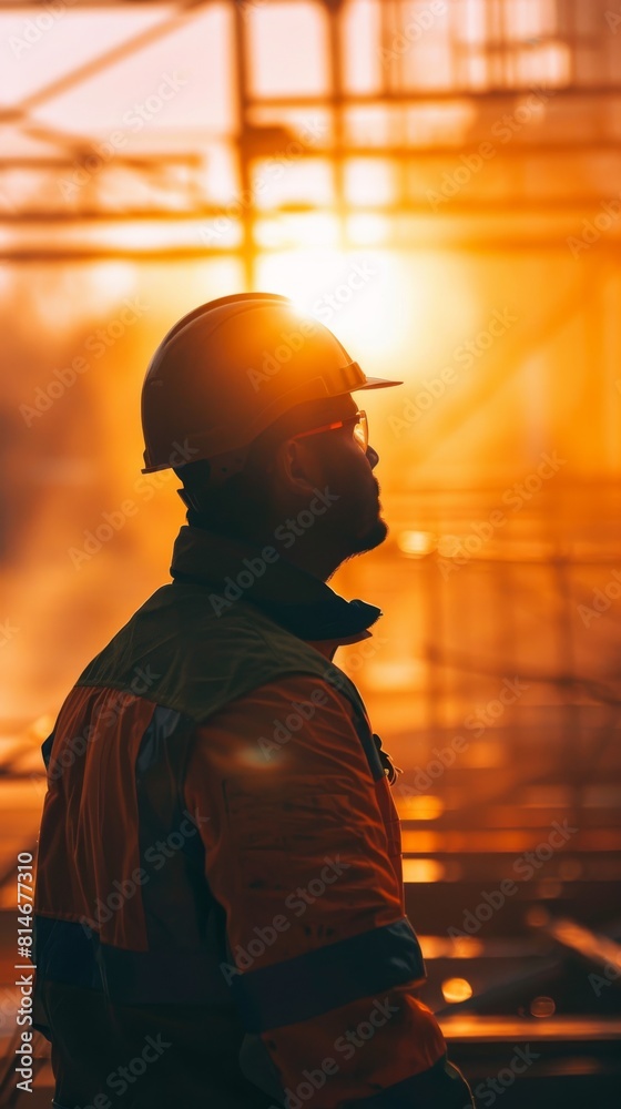 A man is standing in front of a factory with the sun setting behind him, casting a warm glow. The factory appears to be in operation, with smokestacks emitting smoke. A man is standing in front of a factory with the sun setting behind him, casting a warm glow. The factory appears to be in operation, with smokestacks emitting smoke.