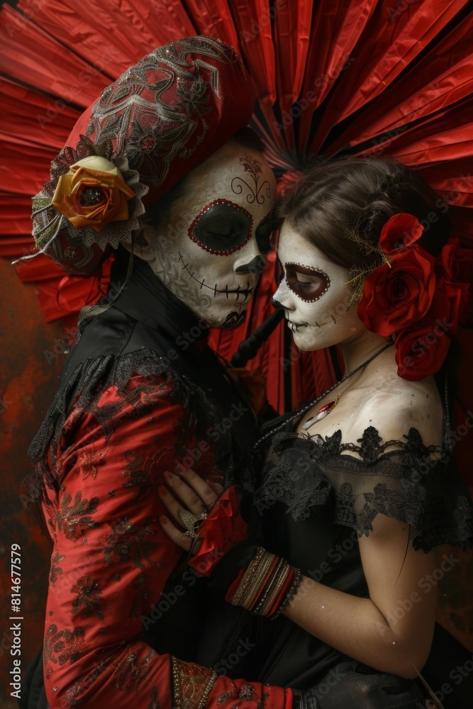 couple dressed in elaborate Dia de los Muertos costumes, featuring skull makeup and vibrant red attire. concept blends love and cultural celebration in visually striking composition, dia dos namorados couple dressed in elaborate Dia de los Muertos costumes, featuring skull makeup and vibrant red attire. concept blends love and cultural celebration in visually striking composition, dia dos namorados