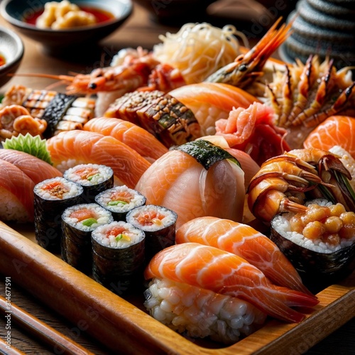 Delicious Japanese and Asian food with sushi and fish pieces © AlexInkfusion