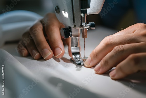 Detailed closeup of sewing machine needle stitching white fabric with hands in action. photo