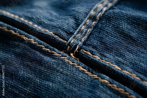 Closeup shot of high-quality denim fabric with visible stitching details and rich blue hue. photo