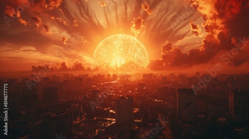 nuclear huge explosion in the city  aerial view. slow motion.