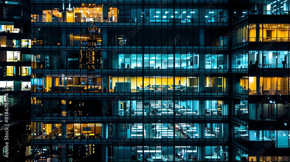 A night view of an office building with many lights on in the windows.