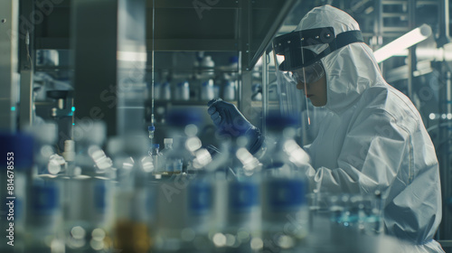 Lab technician in protective gear conducting quality check on medication bottles in sterile environment. © VK Studio