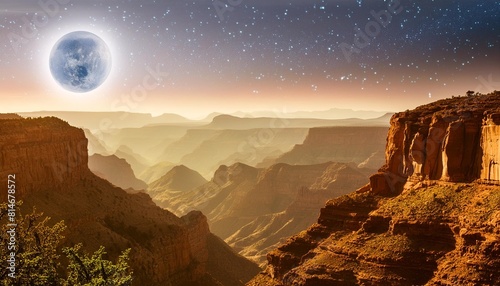 canyon landscape with a luminous alien planet in the distance far away galaxy generative ai illustration