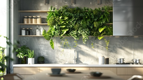 a small phytowall in the kitchen over the table with aglaonemas, tradescantias, epipremnum, philodendrons, callisia, pilea, asplenium, phlebodium realistic plants, water drops on leaves photo