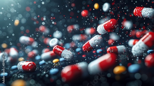 Dark abstract background with pills, prohibited substances, and addiction. photo