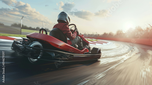 Thrilling go-kart race with a driver cornering at high speed on a track. photo