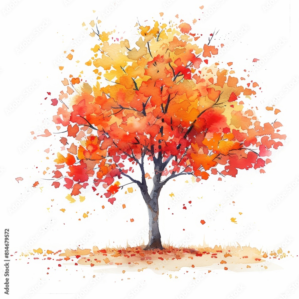 Autumn Watercolor Tree Scene for Nature Lovers Generative AI