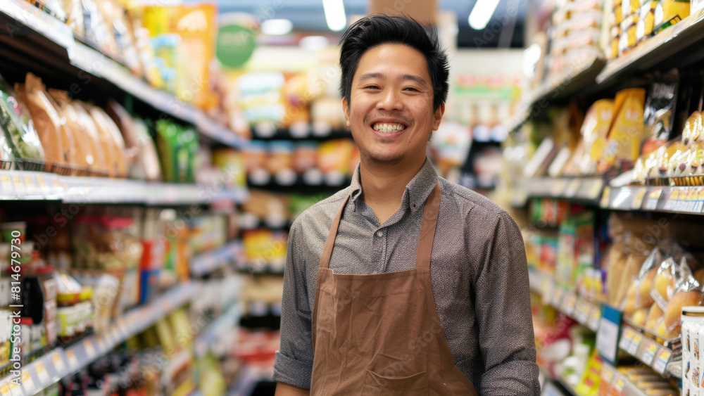 Grinning grocery store worker, exuding warm customer service charm.