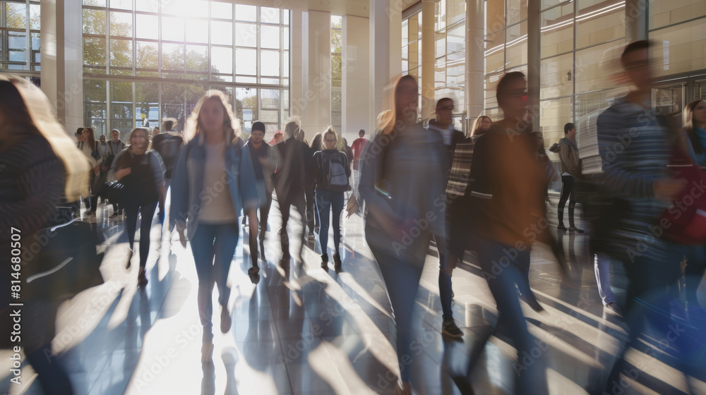 Obraz premium Commuters flood through the sunlit atrium, a lively start to the workday hustle.