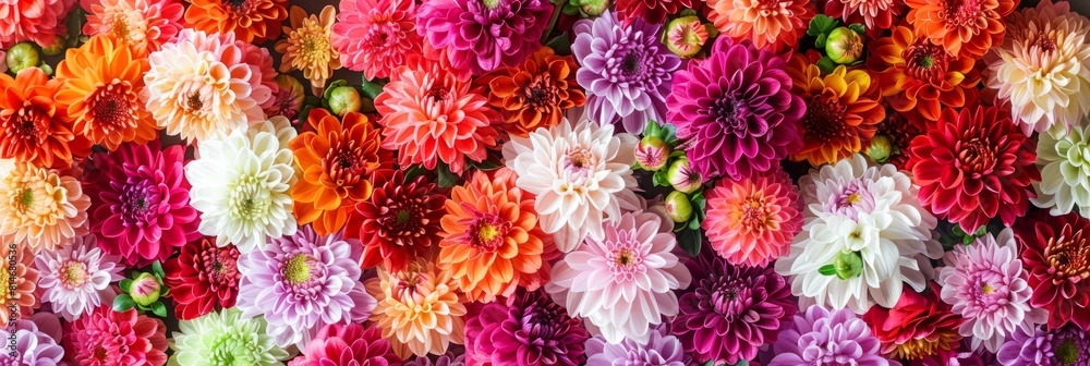 Flowers wall background with amazing red, orange, pink, purple, green and white chrysanthemum flowers