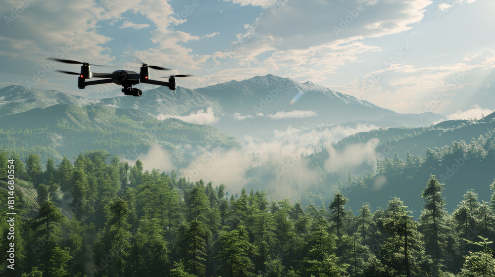 Sunrise over forested hills with drone hovering, new day advent. Sunrise over forested hills with drone hovering, new day advent.