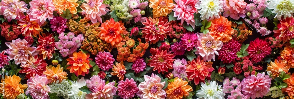Flowers wall background with amazing red, orange, pink, purple, green and white chrysanthemum flowers