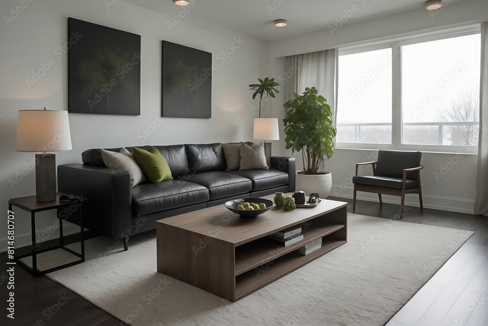 Fototapeta premium Spacious Modern Living Room with Black Leather Couch, Green Plants, and Minimalist Artwork