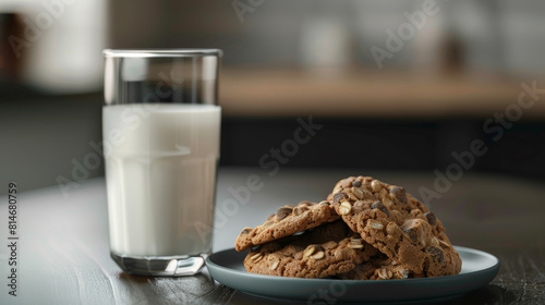 Crunchy cookies piled on a plate with a glass of milk in soft-focus background.