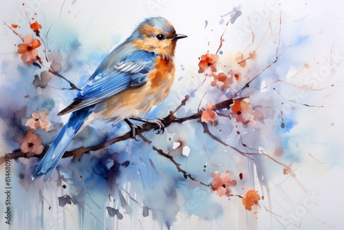Artistic painting of a vibrant blue bird perched on a blossomy branch with splashes of colors