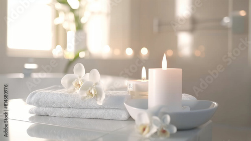  Luxurious Spa Bathroom with White Towels and Flowers. Elegant spa setting featuring fluffy white towels  white orchid flowers  lit candles  and a serene atmosphere highlighted by natural light and a 