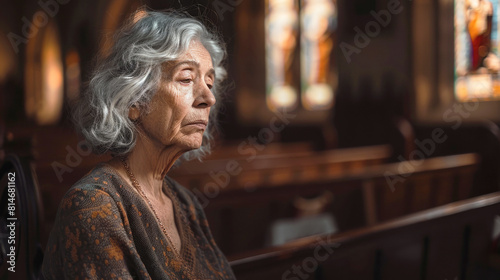 Portrait of a sad mature woman in church. A woman at a funeral ceremony, a widow.