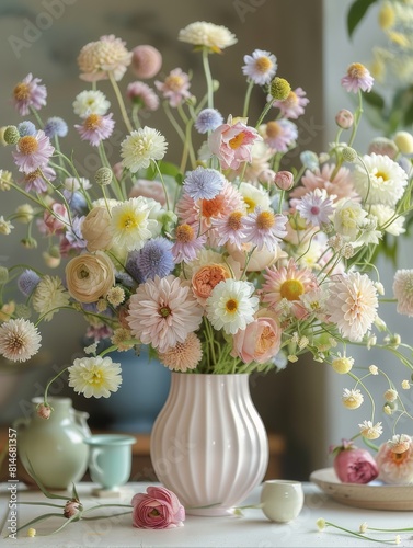 Wallpaper Mural An artistic flower arrangement in pastel colors, with wildflowers and spring flowers like peonies, roses, and daisies on top of a table. Generative AI. Torontodigital.ca