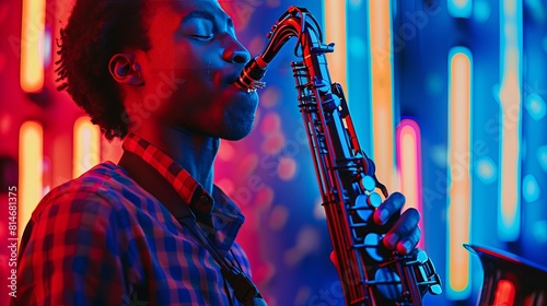 A talented Black saxophonist plays in the neon-lit studio, immersed in his craft. The young man's joy and passion for music are evident as he improvises a soulful performance. photo