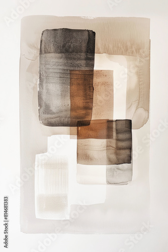 Nordic minimalist abstract shapes watercolor in taupe and beige, simple composition. Contemporary artwork, poster, painting.