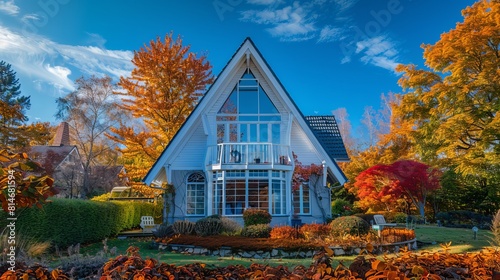 A vibrant autumn house with a pointed roof, big windows, and a bright blue sky. The yard is full of colorful plants.