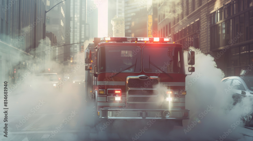 Firetruck emerges through misty streets in dramatic urban scene. Firetruck emerges through misty streets in dramatic urban scene.