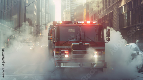 Firetruck emerges through misty streets in dramatic urban scene.