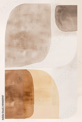 Minimalist abstract shapes watercolor in taupe and beige, simple composition. Contemporary artwork, poster, painting.