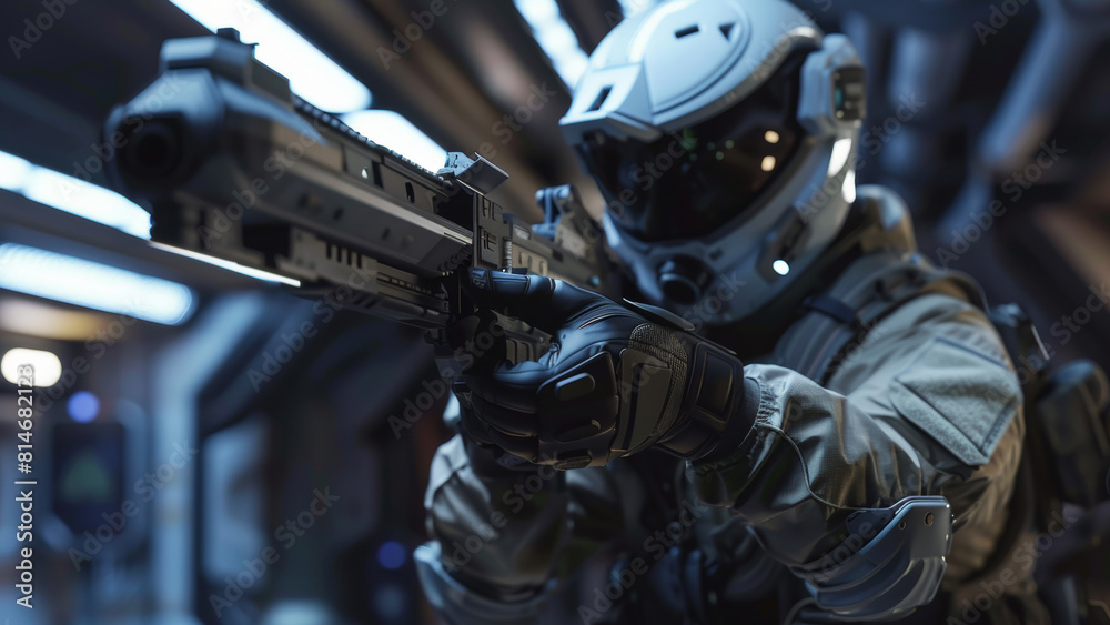 Futuristic soldier in white armor aiming a high-tech weapon, with a metallic corridor backdrop. Futuristic soldier in white armor aiming a high-tech weapon, with a metallic corridor backdrop.