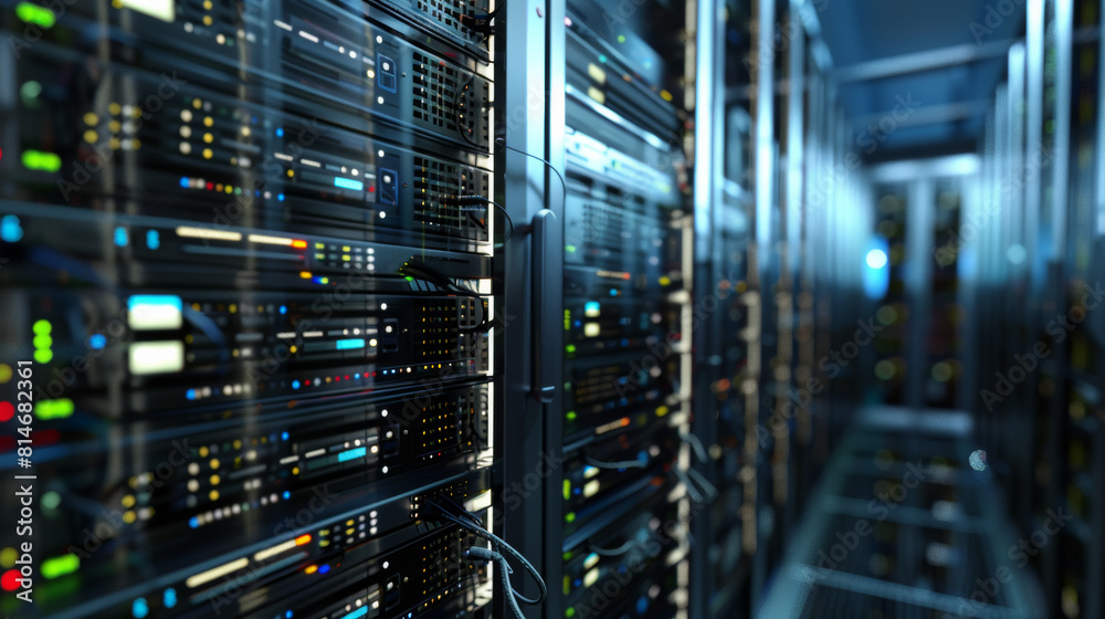 The heart of technology: a server room with arrays of blinking lights.