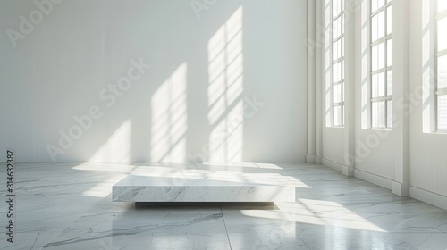 A wide angle view of a minimalist room with white walls, featuring a sleek white marble coffee table in the center. Soft natural light filters through large windows, casting gentle shadows on the photo