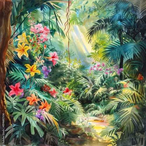 Vibrant Jungle Scene with Colorful Flowers and Sunshine Generative AI
