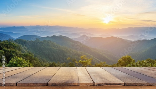 world environment day concept wooden table and mountain sunrise background