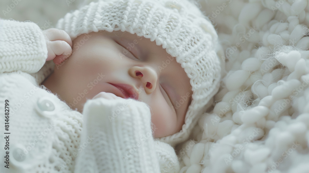 A newborn sleeps peacefully, adorned in a knitted hat and wrapped in a cozy blanket.