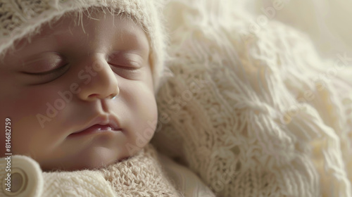 A slumbering infant swathed in a delicate knit cap and blanket, embodying peaceful tranquility. photo