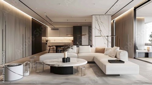 A modern living room dominated by a white modular sofa  a minimalist marble coffee table  and a thin black floor lamp. The space is designed with clean aesthetics and a focus on open  breathable