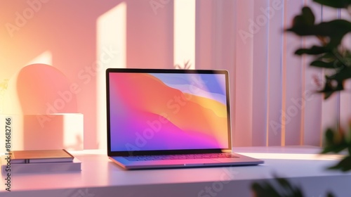 A neat office desk from a slight angle, showing a laptop with an abstract art screensaver and a plain notebook, all set on a clean white tabletop. Soft diffused lighting from the side highlights the