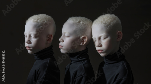 Three albinistic brothers exhibit striking profiles with closed eyes in unison.