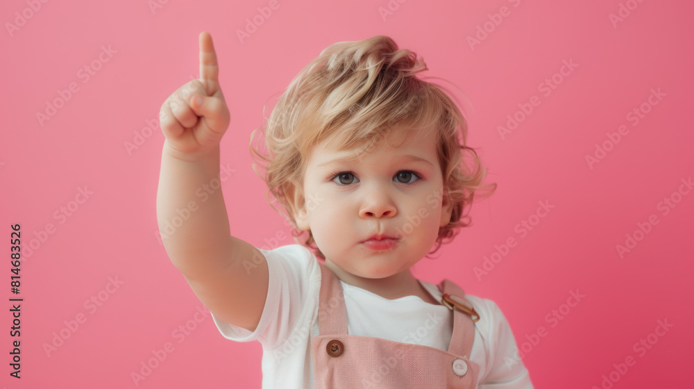 Toddler pointing upwards, with inquisitive eyes and pink backdrop. Toddler pointing upwards, with inquisitive eyes and pink backdrop.