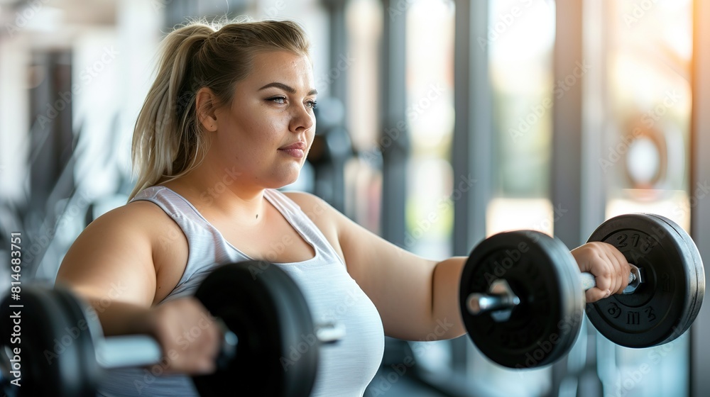 A plus-size woman working out at the gym, lifting weights and performs strength training exercises with determination and focus, showcasing her dedication to health and fitness regardless of body size A plus-size woman working out at the gym, lifting weights and performs strength training exercises with determination and focus, showcasing her dedication to health and fitness regardless of body size
