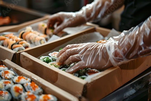 Close-up of a professional chef's hands folding fresh sushi rolls after cooking in a restaurant kitchen.